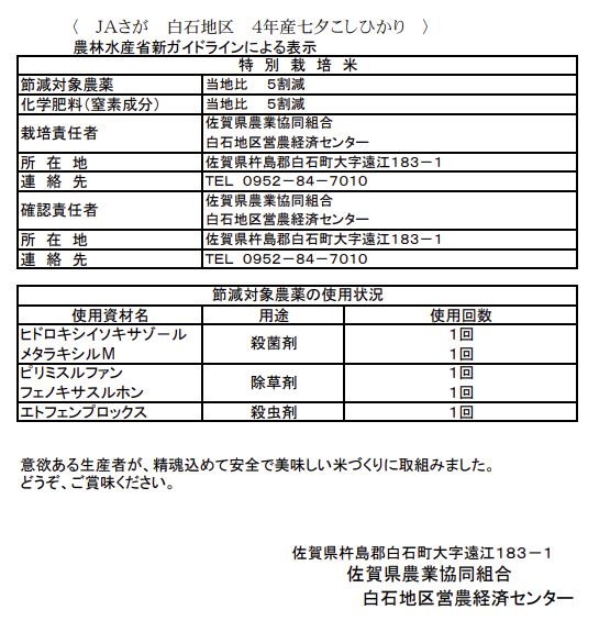 令和4年産七夕コシヒカリ栽培基準